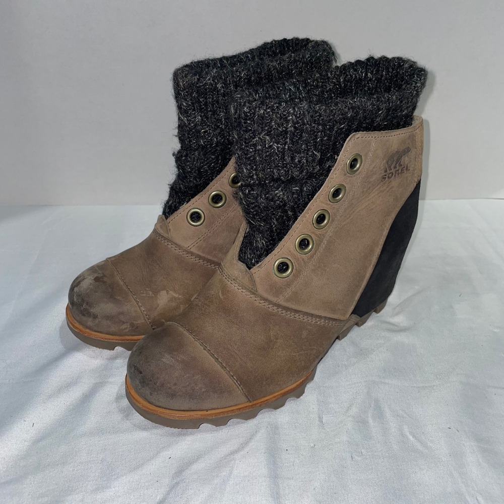 Sorel Joanie Sweater Wedge Boots‎ Womens Brown Leather Knit Collar Ankle Booties